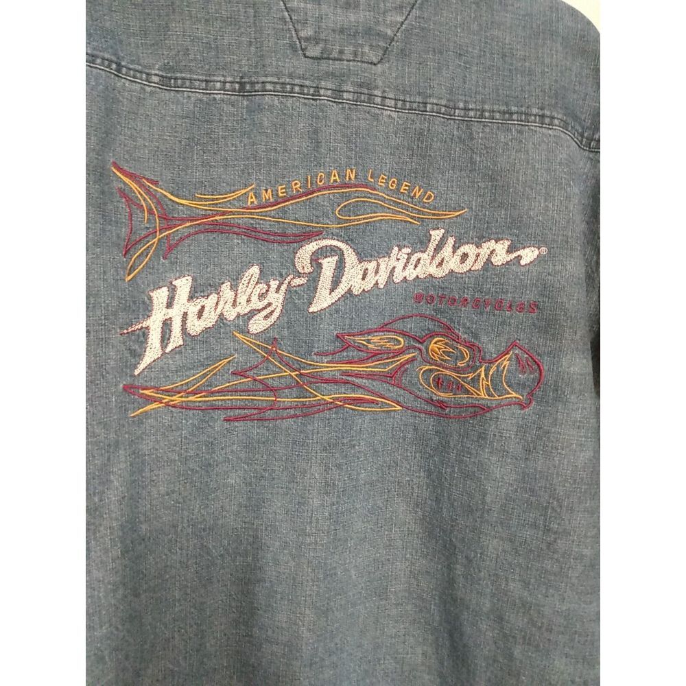 Harley Davidson Blue Denim Embroidery Flame Hog Biker Vintage Shirt Size Medium